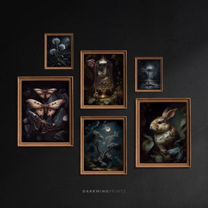 Set of 6 Cottagecore Art Prints, Vintage Moody Oddities Dark Academia Gallery Printable Wall Art, Trees, Rabbit, Butterfly, Dandelion - G246