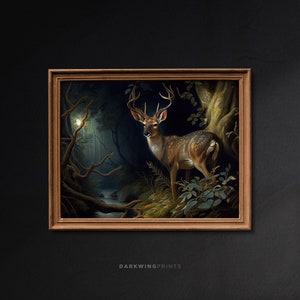 Deer in Dark Gothic Forest, Cottagecore Prints, Deer Wall Art, Woodland Room Decor, Dark Academia Aesthetic, Moody Painting Printable - G175