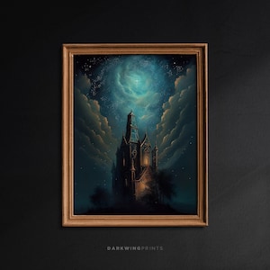 Haus in himmlischer Landschaft, Vintage himmlische Wandkunst, Mond und Sterne Wanddekor, stimmungsvolles Ölgemälde Druck, Witchy Aesthetic - G101
