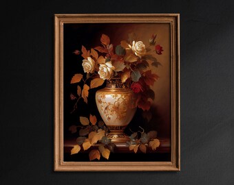 Vintage Blumen Gemälde, Bauernhaus Wandkunst, Stimmungsvolle Blumenkunst, antike Kunstdruck, Stimmungsvolles botanisches Ölgemälde, druckbare Wandkunst / G184