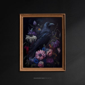 Rabe mit Blumen, Vintage Poster, Dark Academia Wandkunst, Gothic Dark Floral viktorianische Krähe, Kunst Poster Druck, digitaler Download - G305