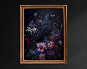 Raven With Flowers, Vintage Poster, Dark Academia Wall Art, Gothic Dark Floral Victorian Crow, Art Poster Print, Digital Download - G305