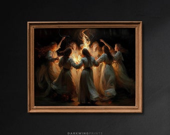 Fire Dance Wall Art, Nymphs Witches Dancing, Gothic Painting, Dark Academia, Vintage Painting, Moody Fun Print, Art Poster Print - G336