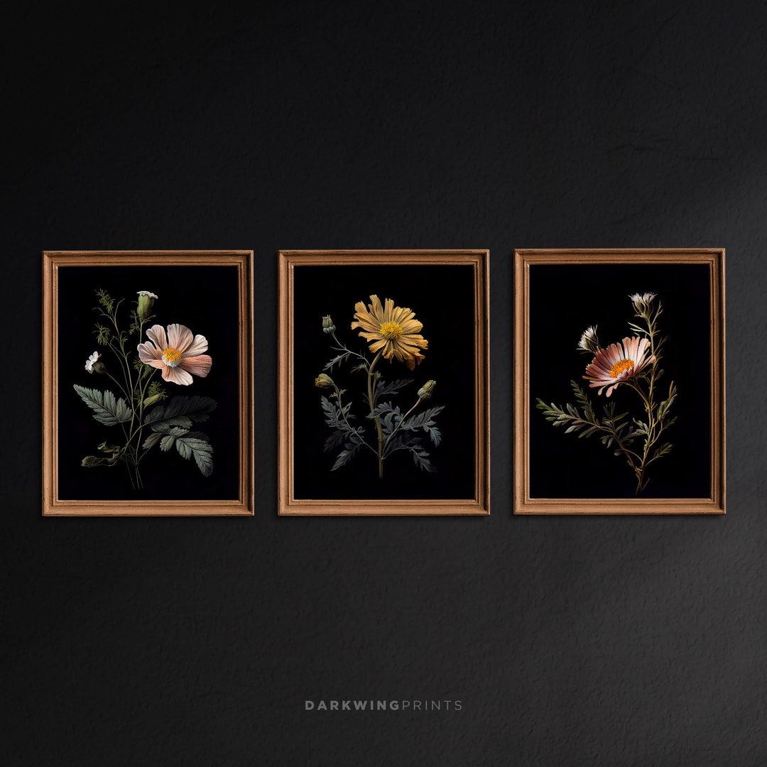 Dark Botanical Gallery Wall Art, 3 Piece Wall Art, Moody Floral Print ...