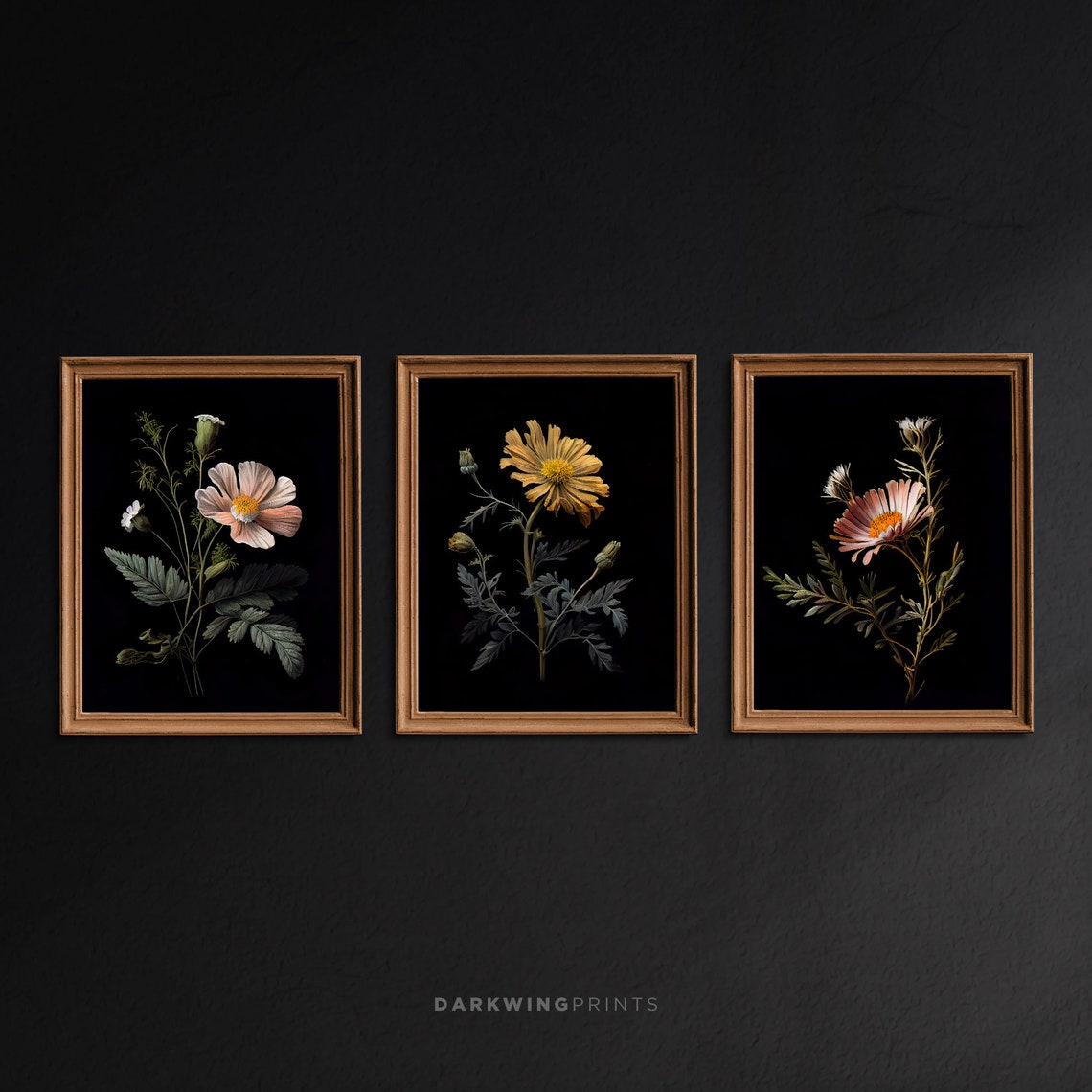 Dark Botanical Gallery Wall Art, 3 Piece Wall Art, Moody Floral Print ...