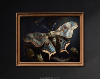 Dark Vintage Moth, Dark Academia Oil Painting Aesthetic, Goblincore Decor, Dark Cottagecore Art, Moody Botanical Art, Fairycore Print - G131
