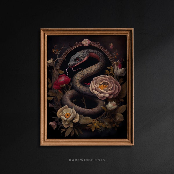 Dark Botanical Snake Wall Art, Gothic Antique Oil Painting, Floral Snake Print, Dark Academia Decor, Flowers, vintage Poster - G276