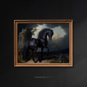 Dark vintage Black Horse Painting, Farmhouse Wall Art, Black Horse Art Print, Horse Farm Animal Print, Equestrian Dark Academia Print - G117