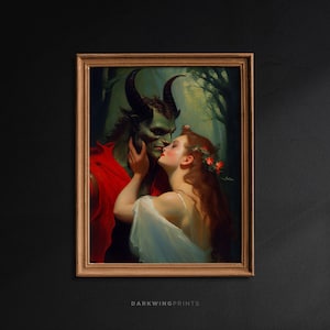 Devil and Victorian Woman&#39;s Love in the Forest, Gothic Victorian, Green Witch Decor, Dark Academia, Devil Print, Dark Aesthetic - G274