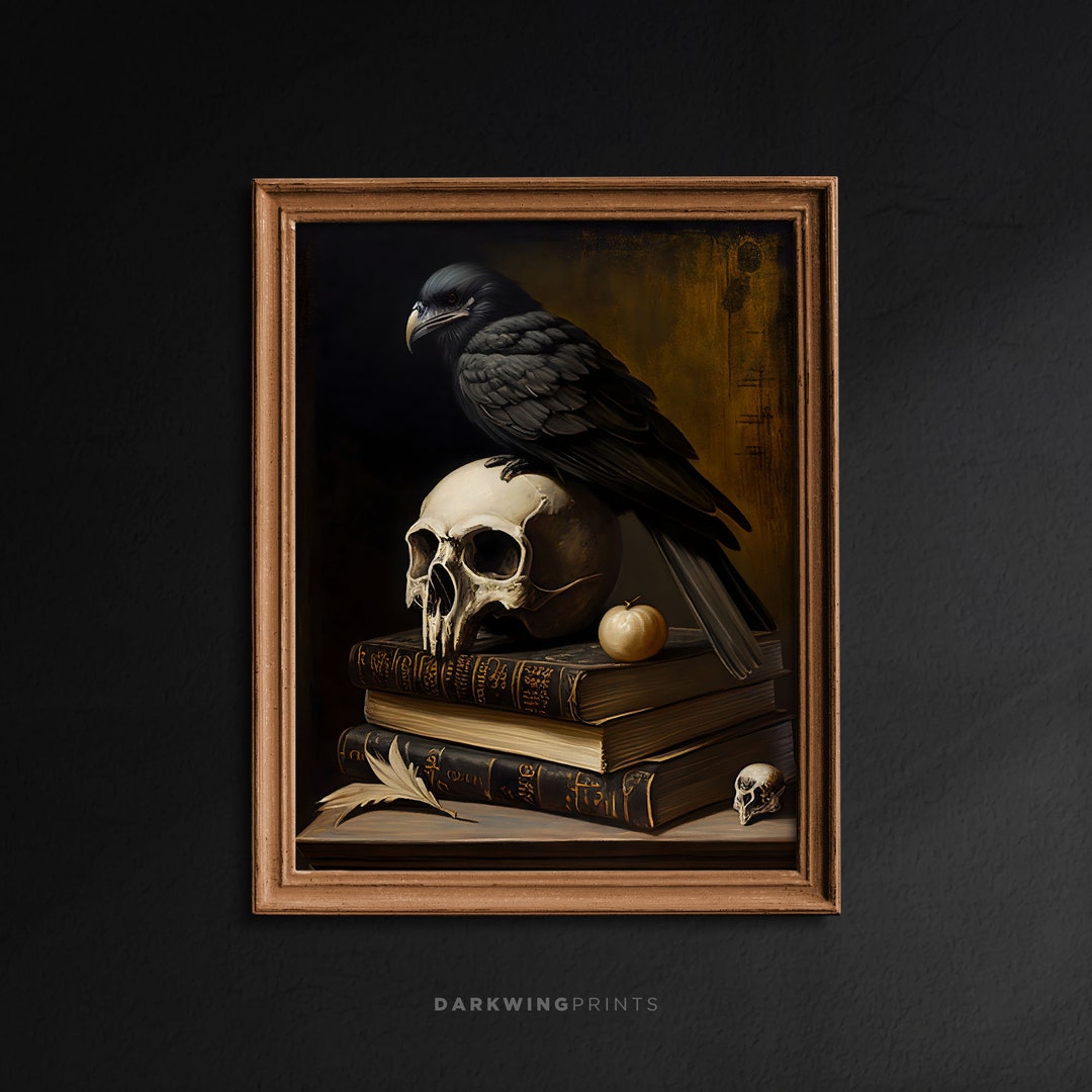 Gothic Skull and Raven Wall Art, Goth Still Life, Oil Painting Print ...
