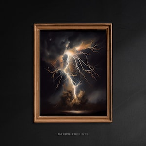Relâmpago noturno, arte de parede celestial vintage, decoração de parede de relâmpagos e árvores, impressão de pintura a óleo temperamental, academia escura, estética de bruxa - G129