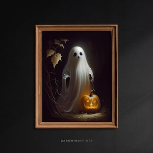 Fantasma e zucca di Halloween Pittura autunnale, Poster vintage, Stampa di Halloween, Accademia oscura, Fantasma inquietante, Fantasma nella foresta - G293
