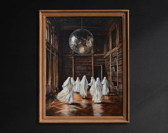 Ghosts Dancing under Disco Ball in Victorian Library, Dark Academia, Vintage Art Poster Print, Halloween Decoration, Gothic Victorian - G522
