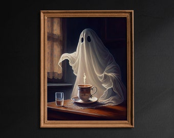 Ghost Drinking Tea, Kitchen Decor, Vintage Poster, Dark Academia, Gothic Victorian, Art Poster Print, Ghost in the Kitchen - G270