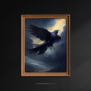 Raven in the Sky, Dark Academia Print, Moody Gothic Wall Art, Antique Oil Painting, Gothic Home Decor, Raven Art Print - G72