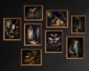 Set of 8 Cottagecore Prints, Dark Academia Printable Gallery Wall Art, Vintage Moody, Forest Mushrooms, Owl, Rabbit, Digital Download / G252