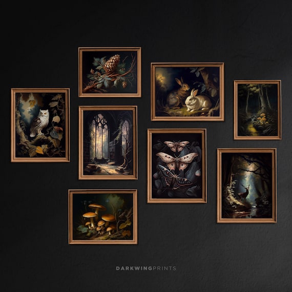 Set of 8 Cottagecore Prints, Dark Academia Printable Gallery Wall Art, Vintage Moody, Forest Mushrooms, Owl, Rabbit, Digital Download / G252