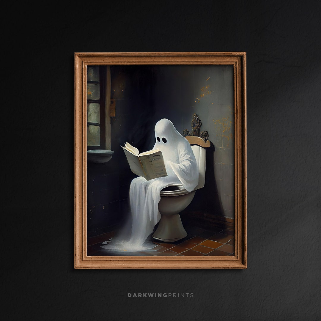 Ghost on Toilet, Ghost in Bathroom Print, Dark Academia, Vintage Poster