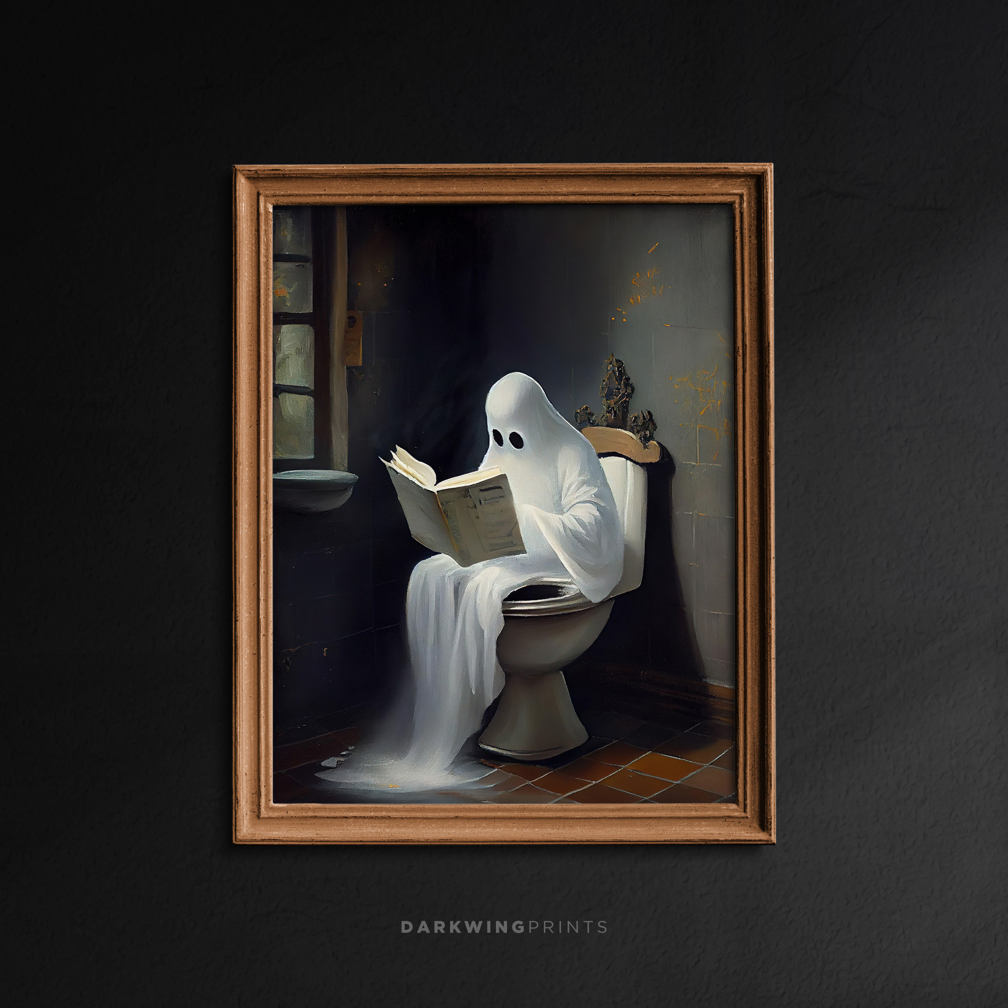 Ghost on Toilet, Ghost in Bathroom Print, Dark Academia, Vintage