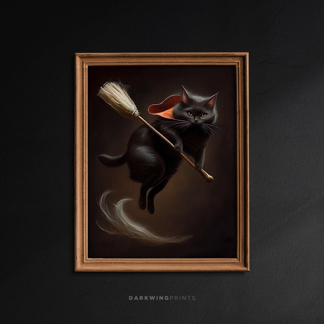 Witch's Broom & Black Cat, Witch Decor, Vintage Poster, Halloween Wall ...