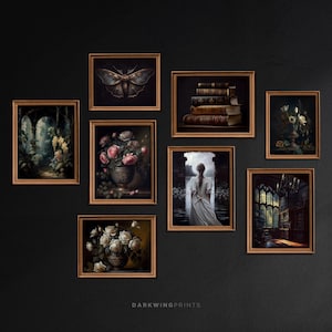 Set of 8 Moody Victorian Paintings, Dark Academia Aesthetic Printable Gallery Wall Art, Florals Vintage Decor, Moth, Digital Download / G236