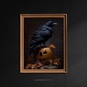 Halloween Pumpkin Raven, Vintage Poster, Art Poster Print, Gothic Victorian Crow, Dark Academia, Printable Wall Art, Halloween Decor - G291