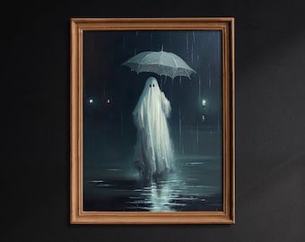 Ghost in the Rain, Cottagecore Poster, Dark Academia, Spooky Art, Halloween Print, Gothic Art Poster Print, Dark Wall Art, Goth Decor - G41