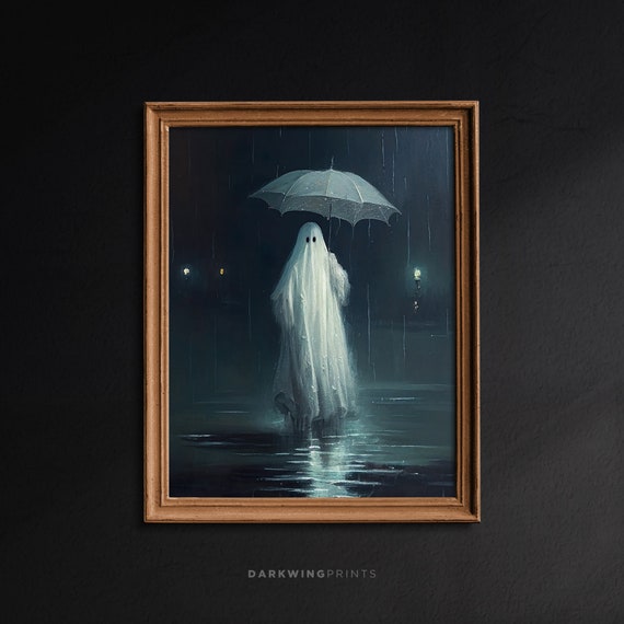 Ghost in the Rain, Cottagecore Poster, Dark Academia, Spooky Art, Halloween Print, Gothic Art Poster Print, Dark Wall Art, Goth Decor - G41