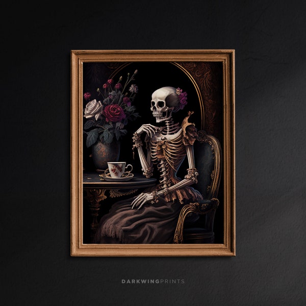 Skeleton Woman Drinking Coffee, Gothic Wall Art, Dark Wall Art, Moody Dark Academia Print, Skull Coffee Art Print - G81