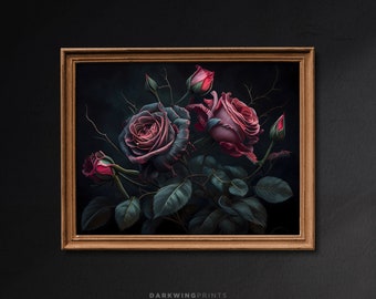 Dark Floral Still Life Printable Wall Art, Antique Roses Oil Painting, Dark Academia Decor, Dark Botanical Print, Moody Flower Print - G71