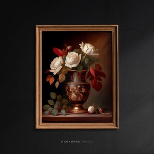 Moody Vintage Flower Painting Print, Dark Floral Still Life Oil Painting, Moody Wall Decor, Flower Poster, Digital Antique Art / G195