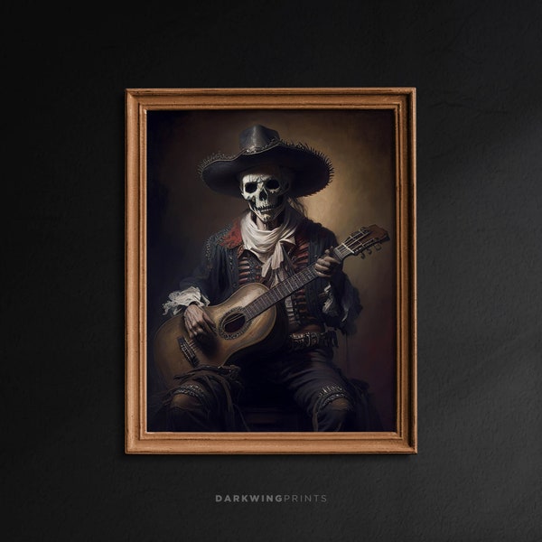 Cowboy Skeleton Guitarist, Gothic Art Print, Mexican Art, Halloween Decor, Chicano Art, Dark Oil Painting, Vintage Aesthetic, Music - G353