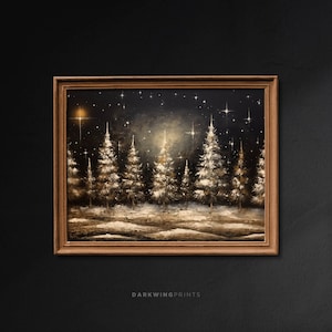 Starry Night of the Pine Tree Forest, Winter Christmas Wall Art, Muted Neutral Moody Rustic Winter Decor, Forest Landscape Painting - G434