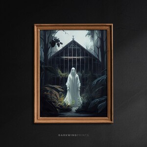 Fantasma em uma estufa abandonada, arte de parede botânica vintage, pôster de nostalgia, impressão de pôster de arte, academia escura, retrô gótico/G185