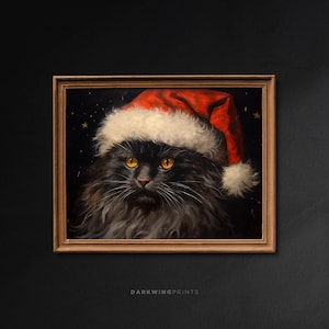 Christmas Black Cat Portrait, Pet Christmas Decor, Vintage Christmas Wall Art, Christmas Oil Painting, Winter Santa, Cottagecore Decor -G478