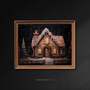 Weihnachten Lebkuchenhaus Print, Neutral rustikal festlich Urlaub Wandkunst, verschneite Vintage Xmas Art Prints, Weihnachten digitaler Download - G435