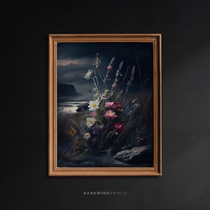 Moody Vintage Flower Print, Dark Wildflowers Landscape Oil Painting, Dark Academia Decor, Printable Wall Art, Digital Antique Art / G150