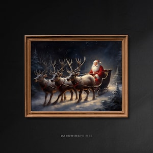 Papá Noel con trineo de renos, impresión navideña vintage, arte de pared navideño, decoración de pintura al óleo Cottagecore, arte de pared del bosque de invierno - G383