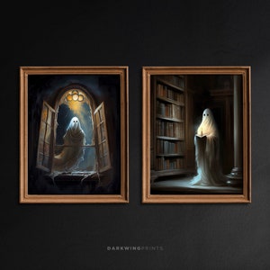 Set of 2 Ghost Painting Printable Wall Art, Dark Academia Prints, Vintage Poster, Dark Library Art Poster Print, Halloween Decor / G266