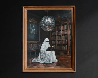 Ghost Reading a Book in Victorian Library, Disco Ball in the Library, Vintage Dark Academia, Halloween Decoration, Gothic Victorian - G521