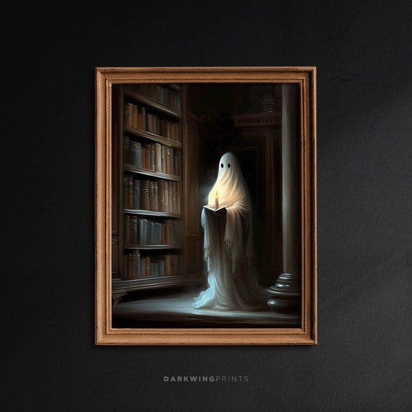 Ghost in the Library, Dark Academia, Gothic Victorian, Spooky Decor, Vintage Poster, Candlelight Ghost Decor, Art Poster Print - G74