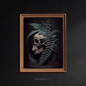 Vintage Fern Skull Oil Painting, Dark Cottagecore Print, Gothic Home Decor, Skull Print, Botanical Horror Skull Poster, Dark Fern Art - G121