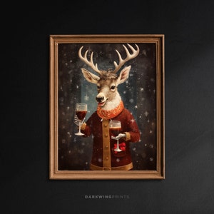 ワインを飲むサンタのトナカイ、クリスマスパーティーの装飾、コテージコア装飾アカデミア、バーカートの装飾、ヴィンテージクリスマスウォールアート、乾杯 - G422