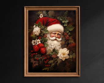 Weihnachtsmann Porträt in Blumen, Kunstvolle Weihnachtsdekoration, Weihnachtswandkunst, Weihnachtsmann druckbare Kunst, Weihnachtsdekordruck, Vintage Feiertagsdekor - G468