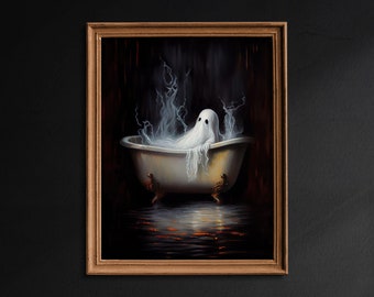 Ghost in the Bathtub, Halloween Decor, Ghost Bathroom Print, Art Poster Print, Dark Academia, Vintage Poster, Gothic Painting - G275