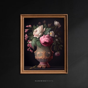 Moody Flowers, Dark Academia Decor, Antique Painting, Dark Cottagecore Print, Vintage Aesthetic, Floral Wall Art, Botanical Decor / G192