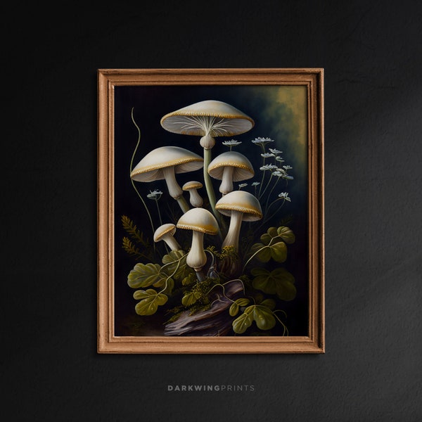 White Mushroom, Dark Cottagecore Print, Botanical Decor, Witchy Wall Art, Goblincore Aesthetic Oil Painting, Dark Moody Vintage Poster / G37