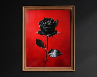 Red Moody Black Rose Flower Art, Romantic Roses Decor, Red Background Dark Cottagecore Gothic Art, Vintage Floral Print, Dark Academia -G511