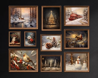 Rustic Snowy Gallery Wall Art Set, Christmas Winter Print, Set of 10 Prints, Vintage Christmas Decor, Printable Winter Holiday Decor - G504