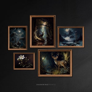 Set of 5 Cottagecore Landscape Prints, Vintage Moody Dark Academia Printable Gallery Wall Art, Forest, Deer, Floral, Digital Download - G239